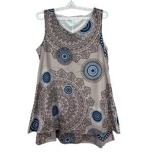 Sleeveless Tunic Tank Top Size XXL Aztec Circle Print Beige And Blue
